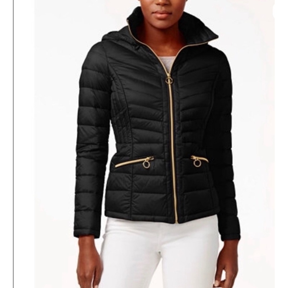 Michael Kors Black Quilted Puffer Jacket with Gold Trim